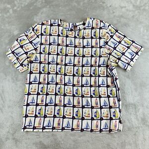 Vintage Anne Larson Top Medium White Sailboat Print Silk Short Sleeve‎ Nautical